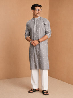Vastramay - Men Grey Cotton Jacquard Woven Geometric Pattern Kurta with Wide Leg Pant Set