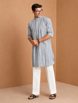 Vastramay - Men White and Blue Printed Cotton Kurta with Wide-Leg Pant Set