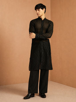 Vastramay - Men Black Georgette Embroidered Sequin Kurta with Wide Leg Pant Set
