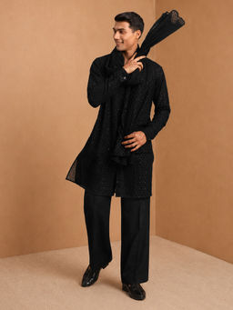 Vastramay - Men Black Georgette Embroidered Sequin Kurta with Wide Leg Pant and Dupatta Set