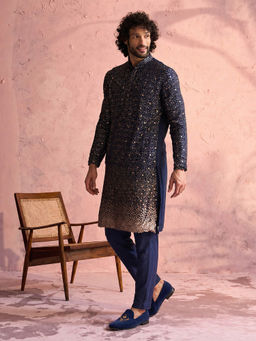 Vastramay - Men Navy Blue Sequin Ombre Georgette Kurta with Solid Navy Blue Pant Set
