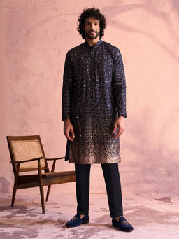Vastramay - Men Navy Blue Sequin Ombre Georgette Kurta with Solid Navy Blue Cotton Pant Set