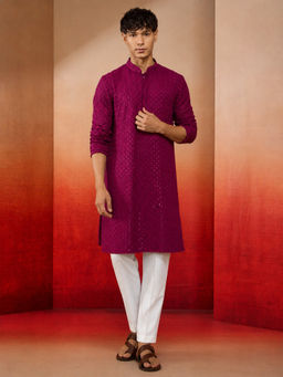 Vastramay - Men Purple Sequin Embroidered Cotton Kurta with Pant Style Pyjama Set