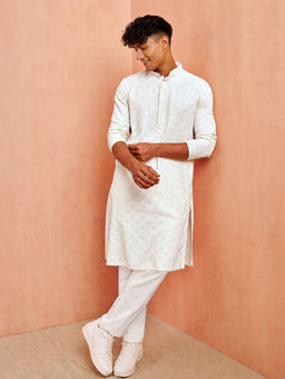 Vastramay - Men Cream Chikankari Sequin and Thread Embroidery Rayon Kurta with Pant Set