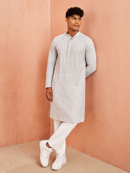 Vastramay - Men Grey Chikankari Sequin and Thread Embroidery Rayon Kurta with Pant Set