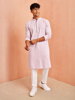 Vastramay - Men Onion Pink Chikankari Sequin and Thread Embroidery Rayon Kurta with Pant Set