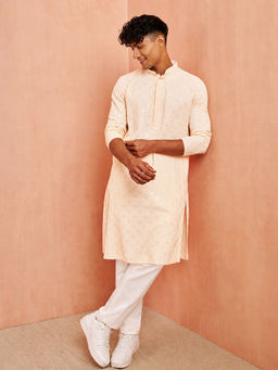 Vastramay - Men Peach Chikankari Silk Blend Kurta with Pant Style Pyjama Set
