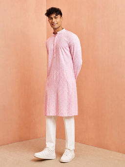 Vastramay - Men Pink Chikankari Silk Blend Kurta with Pant Style Pyjama Set