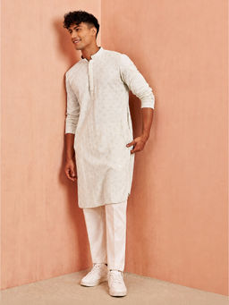 Vastramay - Men Pista Cream Chikankari Sequin and Thread Embroidery Rayon Kurta with Pant Set