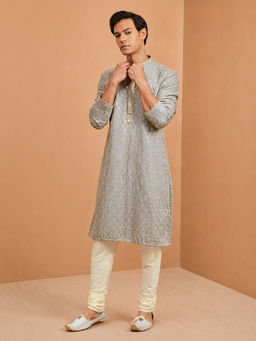 Vastramay - Men Grey Rayon Embroidered Sequin Kurta with Churidar Set
