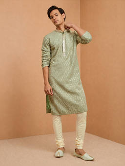 Vastramay - Men Pista Green Rayon Embroidered Sequin Kurta with Churidar Set