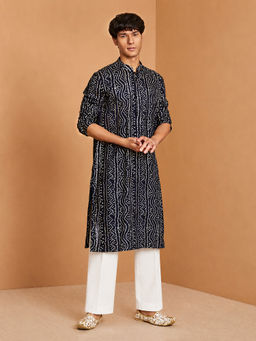 Vastramay - Men Blue Rayon Bandhani Printed Kurta with Wide Leg Pant Set