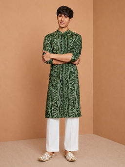 Vastramay - Men Green Rayon Bandhani Printed Kurta with Wide Leg Pant Set