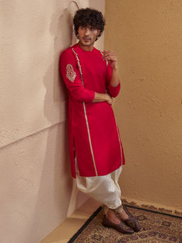 Vastramay - Men Red Zardozi Embroidered Angrakha Viscose Kurta with Cream Dhoti Set
