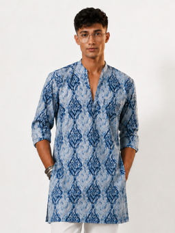 Vastramay - Men Blue Cotton Ikkat Print V-Neck Mid-Length Kurta