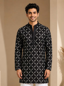 Vastramay - Men Black Viscose Thread and Sequin Geometric Embroidered Mid-Length Straight Kurta