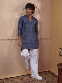 Vastramay - Men Grey Sequin Embellished V-Neck Kurta with White Wide Leg Pant Set