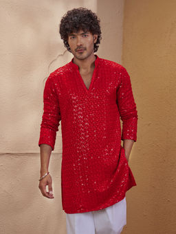 Vastramay - Men Red Rayon Sequin Embellished V-Neck Thigh Length Kurta