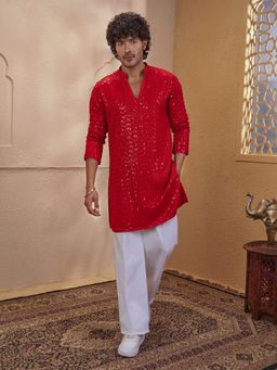 Vastramay - Men Red Sequin Embellished V-Neck Kurta with White Wide Leg Pant Set
