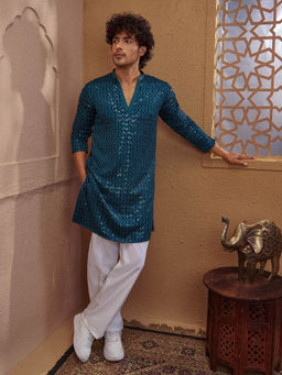 Vastramay - Men Turquoise Sequin Embellished V-Neck Kurta with White Wide Leg Pant Set