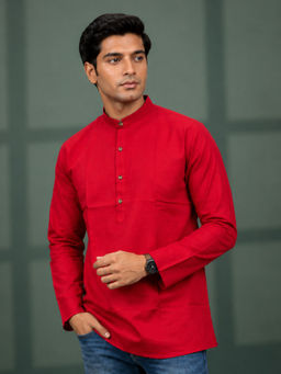 Vastramay - Men Red Solid Cotton Straight Short Kurta
