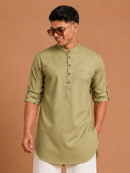 Vastramay - Men Chiku Solid Cotton Thigh Length Kurta