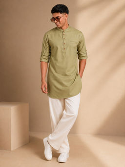 Vastramay - Men Chiku Kurta and White Wide Leg Pant Set | Solid Cotton Ethnic Coord