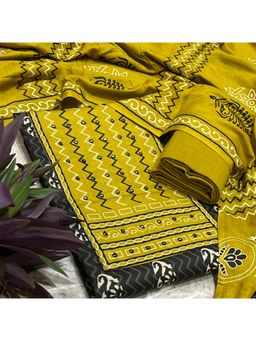 SALWAR STUDIO - Black and Mustard Cotton Printed Unstitched Kurta Set with Dupatta