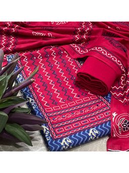 SALWAR STUDIO - Blue and Red Cotton Printed Unstitched Kurta Set with Dupatta