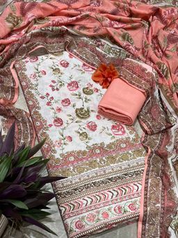 SALWAR STUDIO - White and Peach Floral Printed Cotton Unstitched Kurta Set with Dupatta