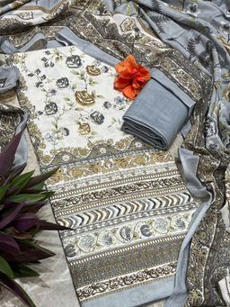 SALWAR STUDIO - White and Grey Floral Printed Cotton Unstitched Kurta Set with Dupatta