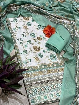 SALWAR STUDIO - White and Green Floral Printed Cotton Unstitched Kurta Set with Dupatta