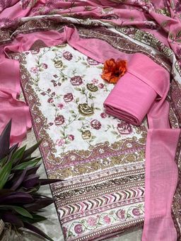 SALWAR STUDIO - Pink and White Floral Printed Cotton Unstitched Kurta Set with Dupatta