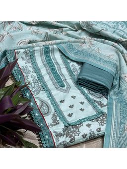 SALWAR STUDIO - Sea Green and White Printed Unstitched Kurta Set with Dupatta
