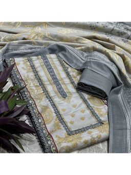 SALWAR STUDIO - Grey and White Printed Unstitched Kurta Set with Dupatta