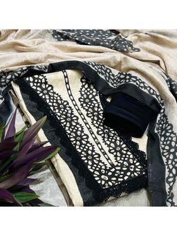 SALWAR STUDIO - Beige and Black Printed Lace Unstitched Kurta Set with Dupatta
