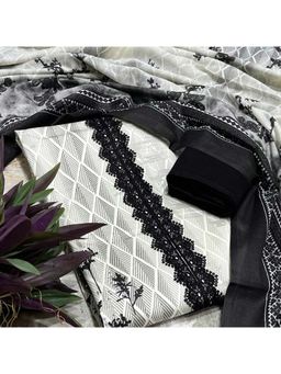 SALWAR STUDIO - Black and White Printed Unstitched Kurta Set with Dupatta