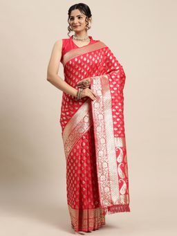 Sareemall - Womens Silk Blend Red Woven Design Saree with Unstitched Blouse