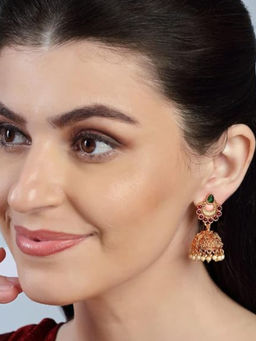 Accessher - Matte Gold Plated Ruby Emerald Embellished Goddess Lakshmi Ethnic Jhumki Earrings