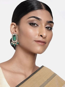 Accessher - Gold Plated Mirror and Engraved Green Stone Embellished Drop Earrings