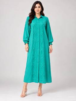 FashionTownie - Women Green Embroidered Chikankari Dress