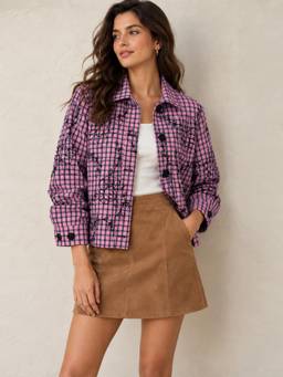 Scoup - Women Pink Checks Cotton Blend Shacket