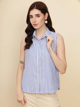 Saffe - Women Blue Stripes Cotton Shirt