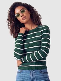 max - Women Green Stripes Acrylic Sweater