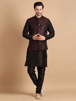 Uri and MacKenzie - Wine Embroidered Festive Kurta and Pajama with Nehru Jacket