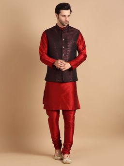 Uri and MacKenzie - Maroon Embroidered Festive Kurta and Pajama with Nehru Jacket