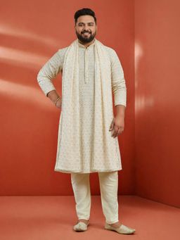 Vastramay - Off White Embroidered Festive Kurta and Pant with Dupatta