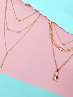 OOMPH - Gold Link Chain Lock & Beads Multi Layer Necklace (Combo of 2)
