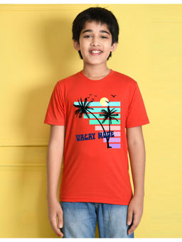 Nusyl - Boys Red Vacay Mode Text Printed Half Sleeve T-Shirt
