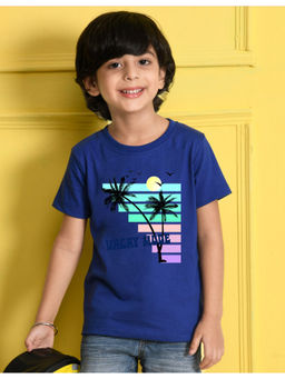 Nusyl - Boys Royal Blue Vacay Mode Text Printed Half Sleeve T-Shirt